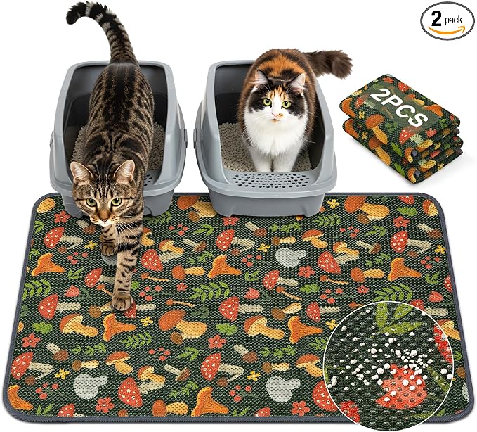 Unicorn Catcher 33X22in 2packCat Litter Mat Machine Washable Soft 3D Air Mesh Litter Box Rug Non-Slip Backing Quick Dry Scatter Control for Paws,Green Mushrooms