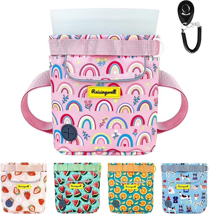 Raisingwell Dog Treat Pouch for Pet Walking and Training with Clicker 2 Cup Silicone Bag Small Fanny Pack Holder for Puppy Snack Dispenser Kit for Leash and Outdoor Use (Rainbow)