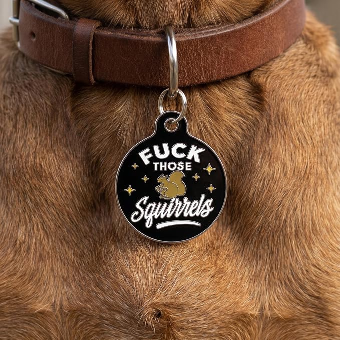 Bad Tags Personalized Dog and Cat ID Tags in 25+ Designs and 2 Sizes - 5 Lines of Custom Engraved Text - Funny Cute Personalized Pet Tags (F*ck Those Squirrels - Black, Large (1.25 inch))