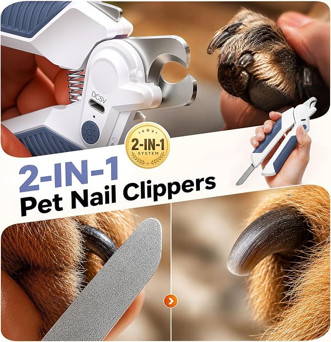 2-in-1 Cat Nail Clipper with Light for Small Medium Large Dogs | Cat Trimmer Grooming with Built-in File, Stainless Steel Blades Cutter, Ideal for Small, Medium & Large Pets, Blue
