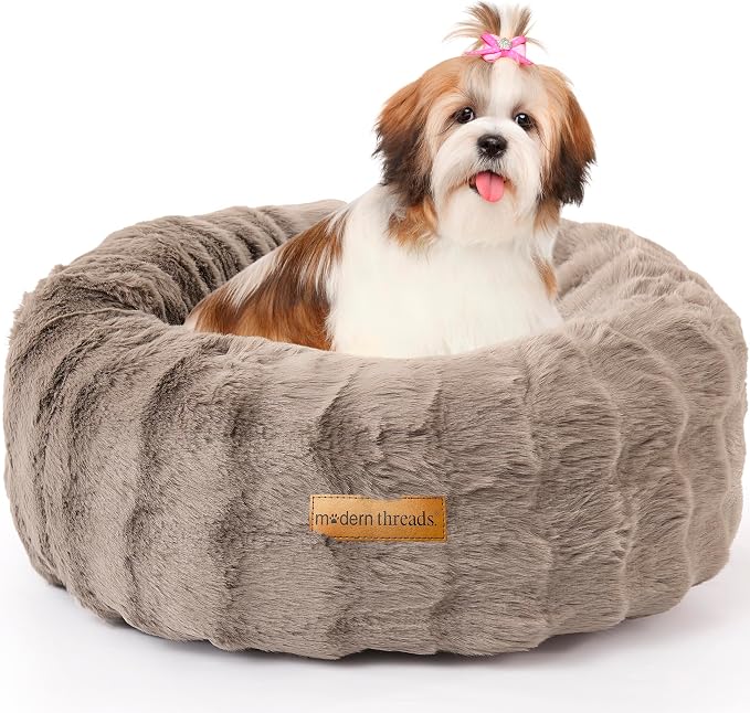 Modern Threads Calming Donut Dog Bed for Small Dogs, Plush Round Faux Fur Pet Bed with Raised Bolster, Soft Washable Dog Bed, 24x24x9, Taupe