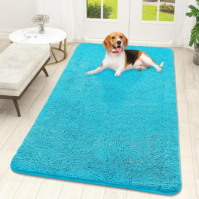 OLANLY Dog Door Mat for Muddy Paws 59x32, Super Absorbent Chenille Mud Mat | Aqua Blue, Absorbs Moisture and Dirt, Non-Slip Machine Washable Doormat, Quick-Drying Indoor Entryway Floor Carpet for Dogs