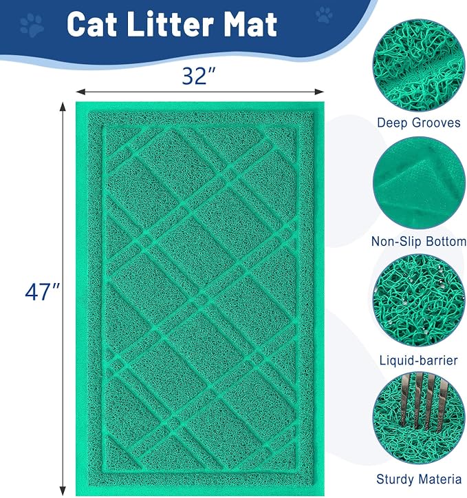 Smiry Cat Litter Box Mat 47x32, Non-Slip Water Resistant Litter Trapping Mat, Easy Clean Less Waste and Urine-Locking Cat Carpet for Indoor, Green