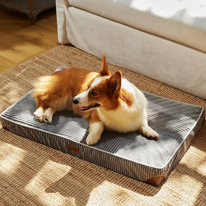 FUKUMARU Large Dog Bed, Thickened Waterproof Dog Mat with Washable Cover | Corduroy Orthopedic Dog Bed for Crate, 28D Egg Crate Foam Support Pet Mat, Cozy Flat Dog Pad with Anti-Slip Bottom