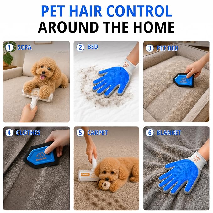 4-in-1 Pet Care & Pet Hair Control System for Dogs & Cats – Deshedding Tool, Pet Hair Remover, Grooming Glove & Detail Cleaner for Furniture Couch Carpet Home & Car (Blue, Combo 4-in1 Large)