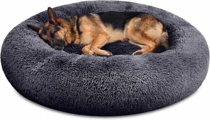 SAVFOX 45 inches Calming Donut Dog Bed - 3X Durable Plush Faux Fur, Machine Washable & Non-Slip, Fits up to 150 lbs, Dark Grey