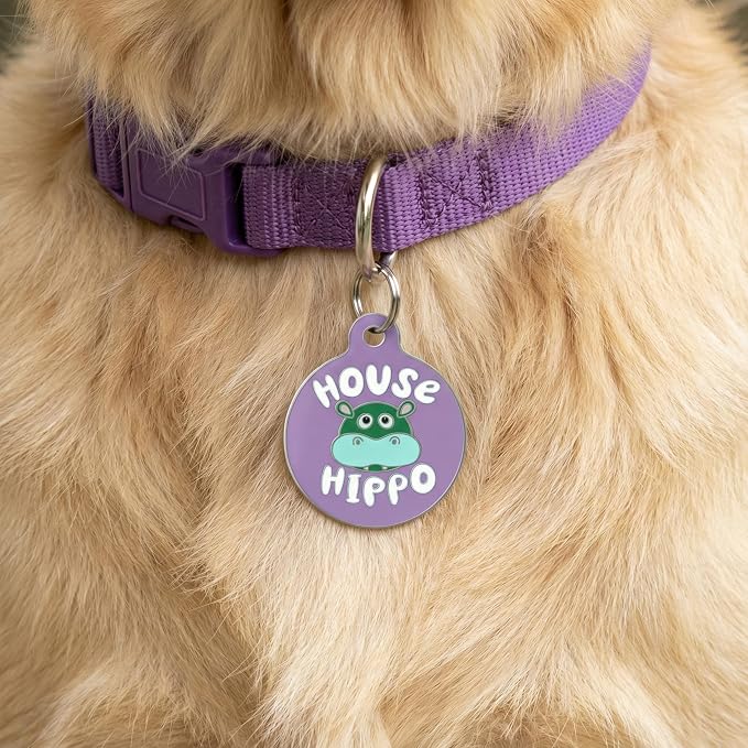 Bad Tags Personalized Dog and Cat ID Tags in 25+ Designs and 2 Sizes - 5 Lines of Custom Engraved Text - Funny Cute Personalized Pet Tags (House Hippo - Purple, Large (1.25 inch))
