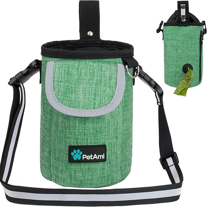 PetAmi Dog Treat Pouch, Large Hands-Free Training Bag, Green | Built-In Poop Bag Dispenser, Holds 3 Cups Of Treats, 4 Ways to Wear, D-Ring, Reflective Strap, Dog Treat Bag for Walking