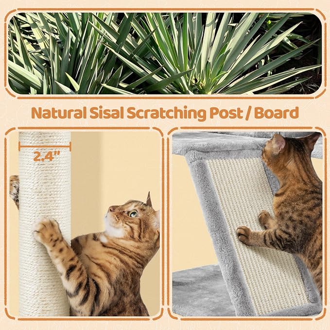 Topeakmart Cat Tree, 57 inches Multi-Level Cat Tree Tower with Scratching Posts, Cat Condo and Basket Kitten Activity Center, Light Gray | Easy to assemble, a great first cat tree with perches, hammock and anti-tip strap, ideal for small to medium cats...