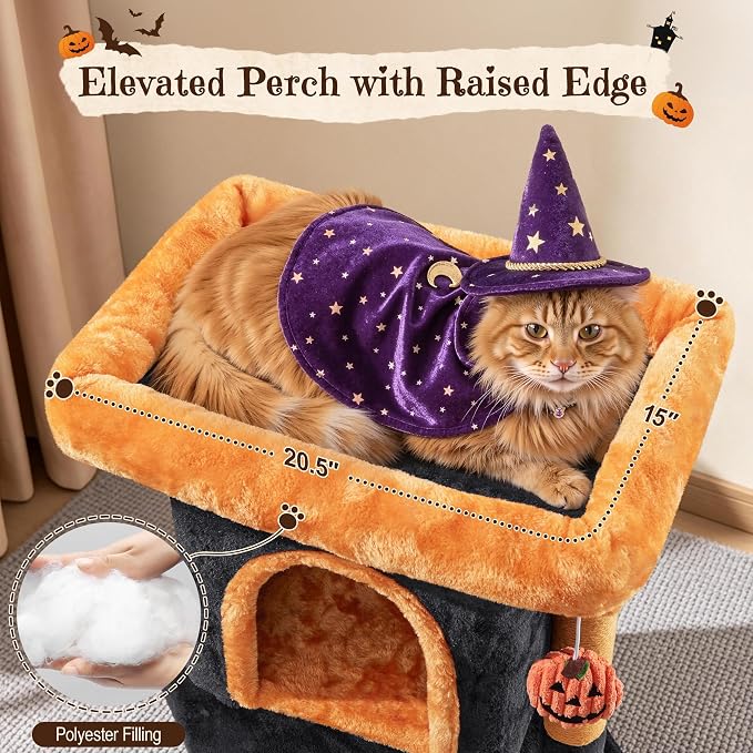 Yaheetech Halloween Cat Tree, Black/Pumpkin Orange Small Cat Tower | Fits small rooms, gothic cute cat bed, wide perch for lounge and scratch, assembles fast with included tools, halloween decor
