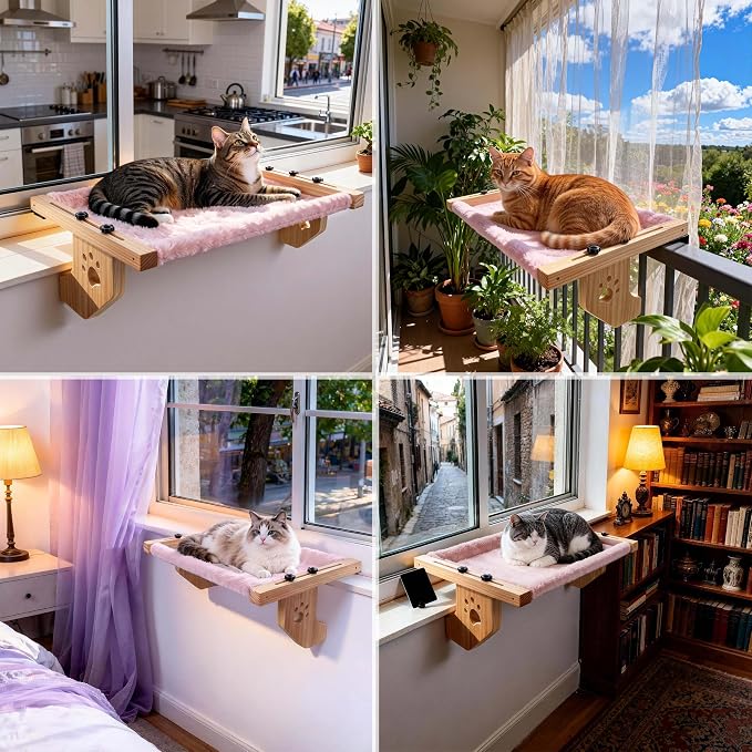 ESPETS Wooden Cat Window Bed for Large Cats, Pink Cat Window Perch Hammock | Solid Wood Window Ledge Perch, Sturdy Large Size Shelves, Soft Thick Removable Cushion, Easy Assemble Adjustable, Hold 50LBS