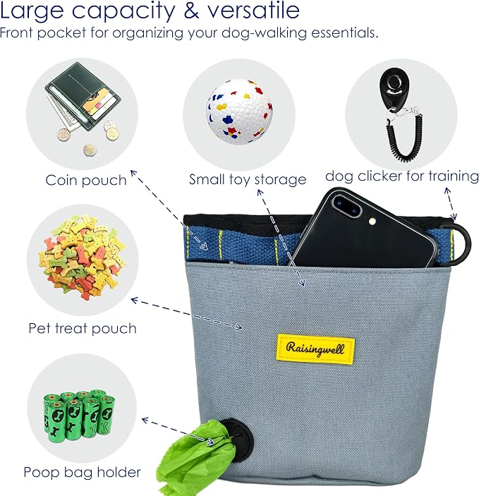 Raisingwell Dog Treat Pouch for Pet Walking and Training with Clicker 2 Cup Silicone Bag Small Fanny Pack Holder for Puppy Snack Dispenser Kit for Leash and Outdoor Use (Gray)