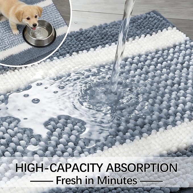 Dog Door Mat for Muddy Paws - Absorbent Quick-Dry Non-Slip Washable Chenille Pet Rug, Indoor Entryway Mat for Front Door & Crate (Blue White, 24" L*16" W)
