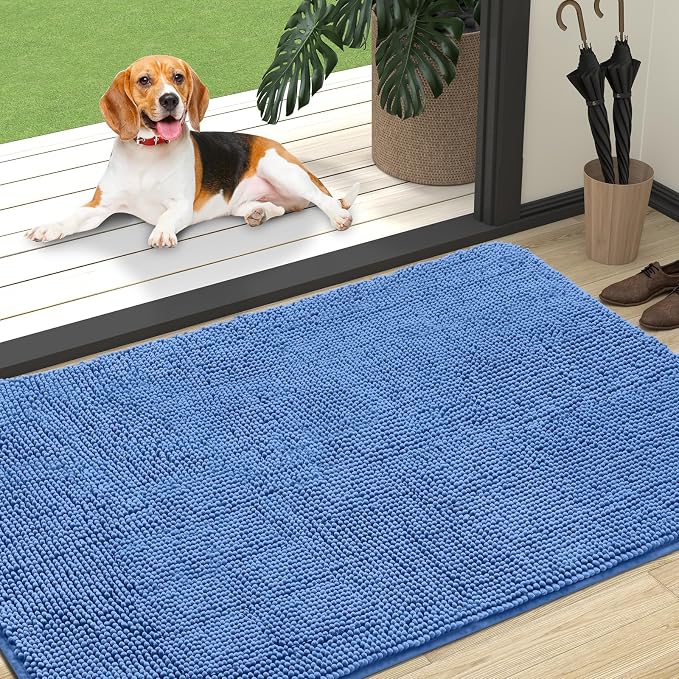 OLANLY Dog Door Mat for Muddy Paws 47x32, Super Absorbent Chenille Mud Mat | Cornflower Blue, Absorbs Moisture and Dirt, Non-Slip Machine Washable Doormat, Quick-Drying Indoor Entryway Carpet for Dogs