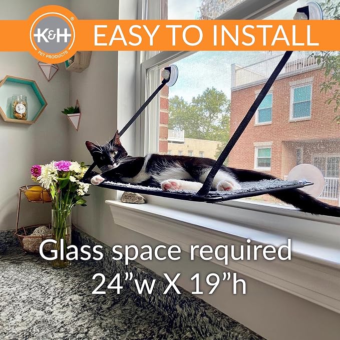 K&H Cat Window Perch, EZ Mount Kitty Sill - Fits 27in Wx23in H Glass Spaces | Sturdy Cat Window Hammock Bed, Steel Frame, Sturdy Suction Cups, Washable Shelf Cover, Foldable, 23x12in, Gray