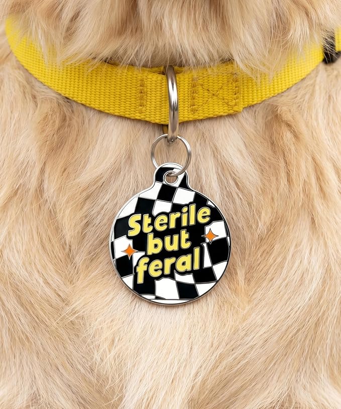 Bad Tags Personalized Dog and Cat ID Tags in 25+ Designs and 2 Sizes - 5 Lines of Custom Engraved Text - Funny Cute Personalized Pet Tags (Sterile But Feral, Small (1 inch))
