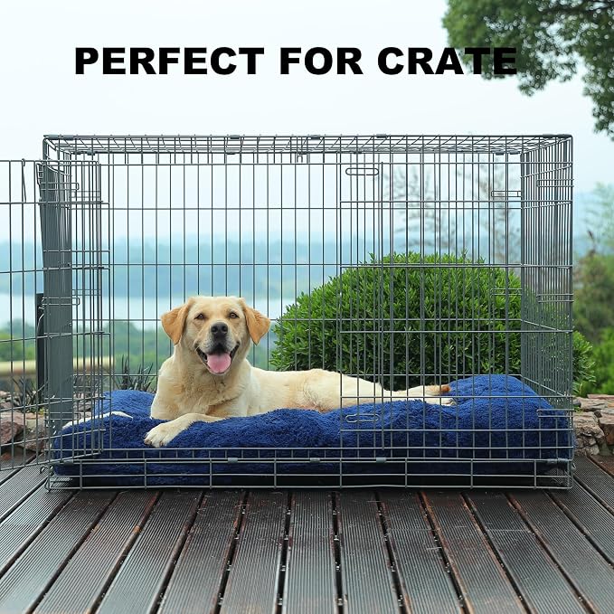 Bedfolks Waterproof Dog Crate Bed, Plush Dog Pad, 47"x29", Solid Dark Blue | Faux Fur Plush Cover, Zippered Removable Washable Outer, Waterproof Inner Lining, Non-Slip Base, Crate Pad and Dog Pillow