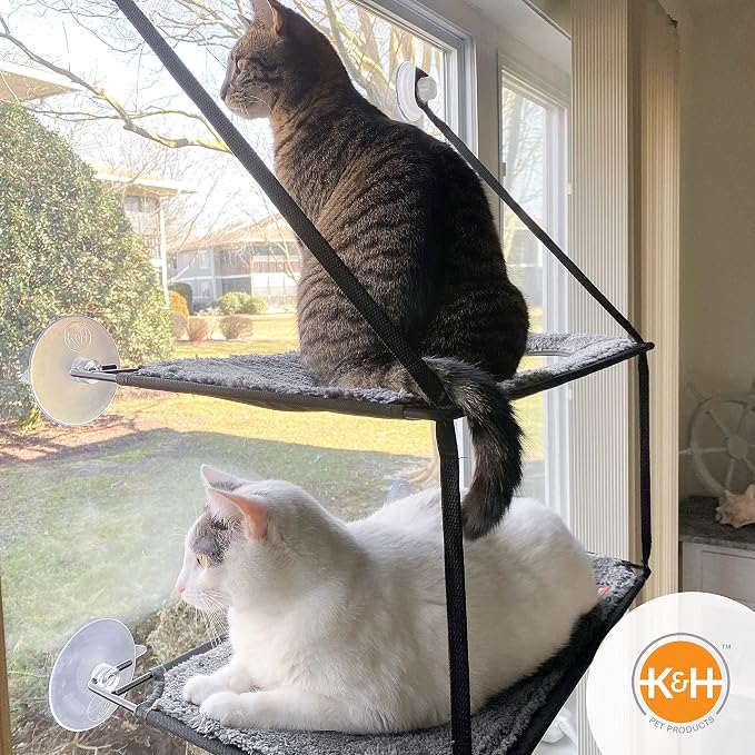 K&H Cat Window Perch, EZ Mount Double Stack Kitty Sill For Large Cats, Gray | Sturdy Cat Window Hammock Bed, Fits 27in Wx31in H Glass Spaces, Steel Frame & Suction Cups, 2 Washable Shelf Covers, Foldable