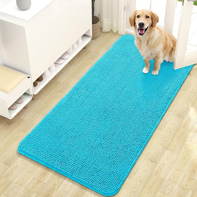 OLANLY Dog Door Mat for Muddy Paws 47x24, Super Absorbent Chenille Mud Mat | Aqua Blue, Absorbs Moisture and Dirt, Non-Slip Machine Washable Doormat, Quick-Drying Indoor Entryway Floor Carpet for Dogs