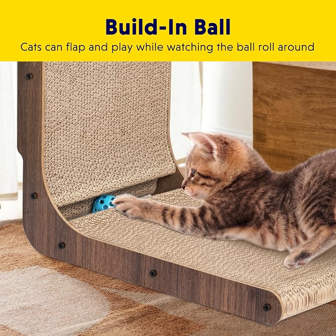 Fluffydream Cat Scratcher with Cat Toys Ball Track, Build-in Ball, L-Shaped Scratcher, Cardboard Lounge Bed, Stable and Durable, Furniture Protector, Reversible
