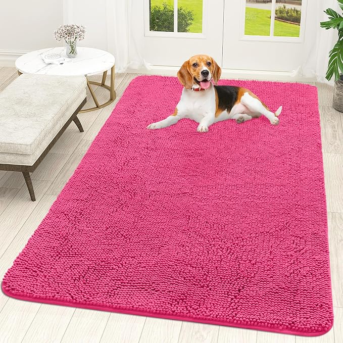 OLANLY Dog Door Mat for Muddy Paws 59x35, Super Absorbent Chenille Mud Mat | Hot Pink, Absorbs Moisture and Dirt, Non-Slip Machine Washable Doormat, Quick-Drying Indoor Entryway Floor Carpet for Dogs