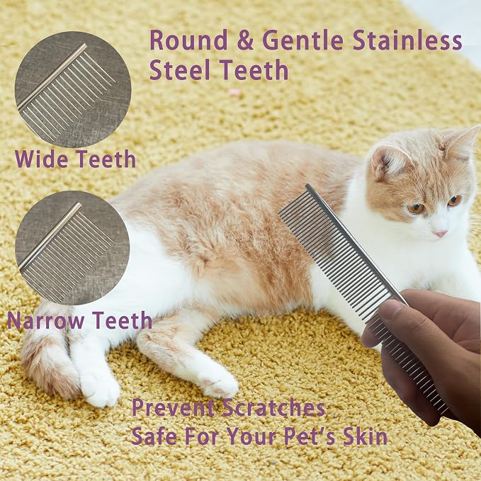 Cat Grooming Brush Kit 6 Tools - Deshedding & Dematting for Long/Short Hair, Self-Cleaning Slicker Brush with 6-in-1 Flea Comb for Cats & Kittens (Blue)