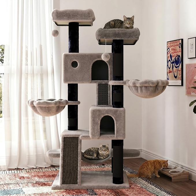 SHA CERLIN 65in Larger Cat Tree Tower Condo for Indoor Kitties/Multi-Level Furniture Activity Center with Wide Base/Cozy Plush Perches/Baskets/Sisal Scratching Posts and Hammock/Black & Grey