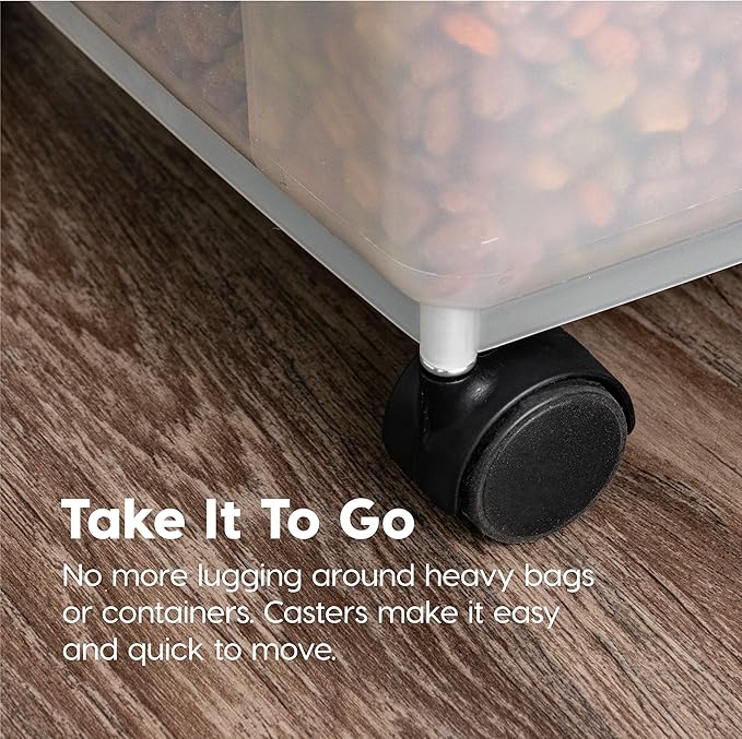 IRIS USA Airtight Dog Food Storage Container, WeatherPro, Up to 25 lbs, Removable Wheels, for Dog Cat Bird and Other Pet Food Storage Bin, Keep Fresh, Translucent Body, Made in USA, Clear/Black
