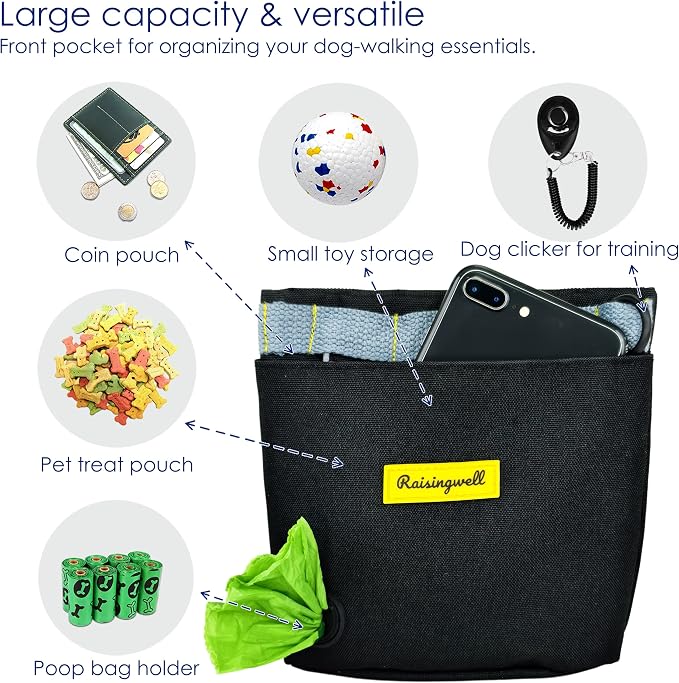 Raisingwell Dog Treat Pouch for Pet Walking and Training with Clicker 2 Cup Silicone Bag Small Fanny Pack Holder for Puppy Snack Dispenser Kit for Leash and Outdoor Use (Black)