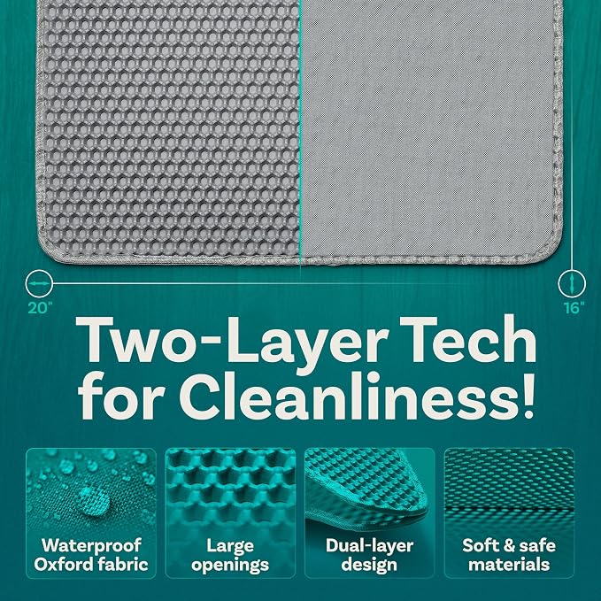 PetCove PurrTek Honeycomb Cat Litter Mat, Silicone Dual-Layer 19.7" x 15.8" | Silicone Cat Litter Rug Traps Litter from Paws, Waterproof Urine Resistant Base Litter Trapping Mat, Non-Slip, Rinse Clean