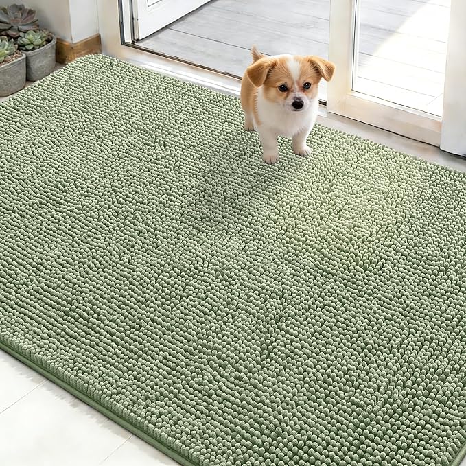 OLANLY Dog Door Mat for Muddy Paws 48x30, Super Absorbent Chenille Mud Mat | Sage Green, Absorbs Moisture and Dirt, Non-Slip Machine Washable Doormat, Quick-Drying Indoor Entryway Floor Carpet for Dogs