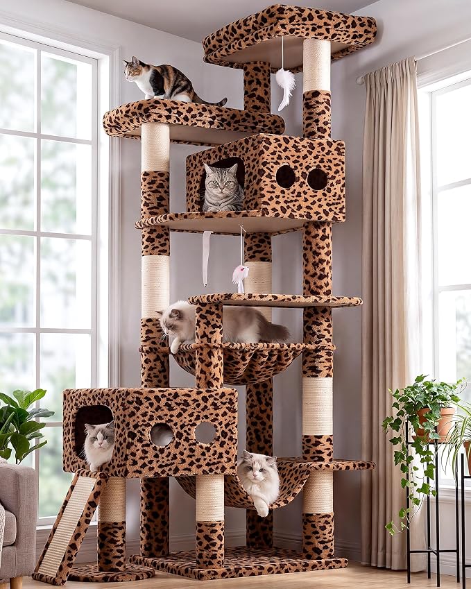 Globlazer 83inch Sturdy Multi-Level Tall Cat Tower, S83G, Leopard Print | Extra Large Heavy Duty Cat Tree for Indoor Large Adult Cats Kittens with 2 Cat Condo, 8 Scratching Post, 2 Hammock