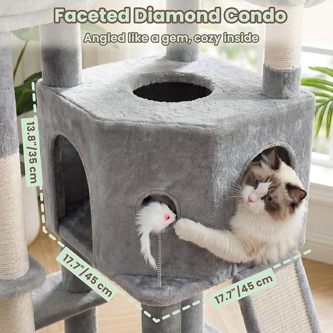 Cat Tree, Heavy Duty Cat Tower with Dual Platforms VCT002W | Oversized Diamond Condo for Large Cats, Sturdy Cat Furniture with Cozy Basket, Sisal Scratching Board & Posts, Light Gray