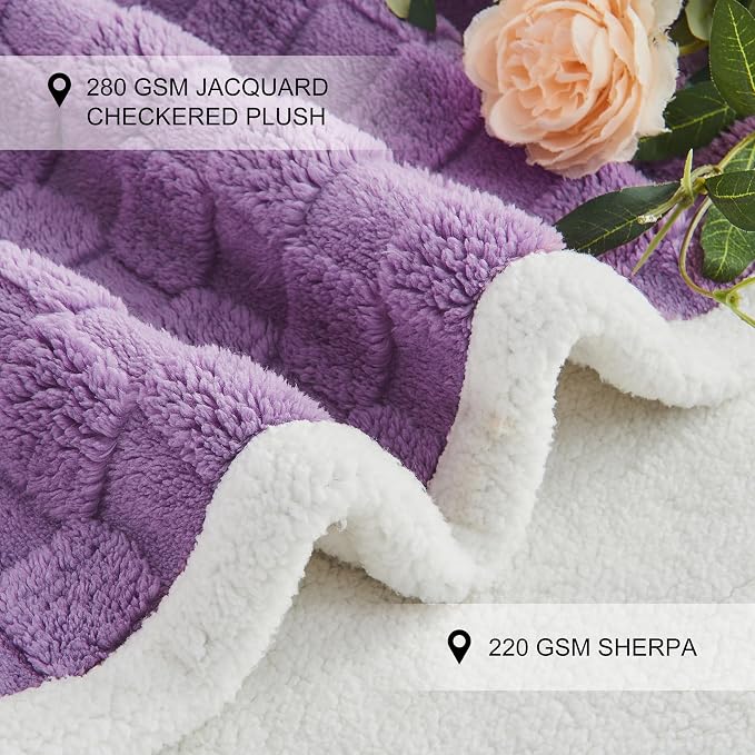 Checkered Waterproof Blanket for Bed Couch Sofa Car, Fluffy Soft Dog Blanket with 3D Jacquard Grid Pattern, Reversible Leakproof Pet Blankets for Dogs Cats Puppies, Dusty Purple, 60"x80"
