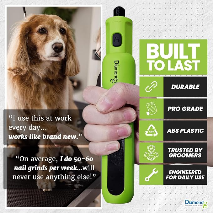 Diamondg Micro Dog Nail Grinder - Quiet Sound with LED Light, Green | 5-Speed Rechargeable Pet Nail Trimmer for Small & Large Dogs, LCD Display, USB-C Charging, 4hrs. Runtime Rotary Tool