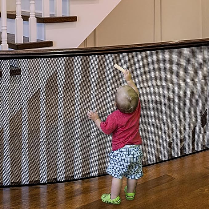 Stairway Net, Baby Gate for Stairs with No Drilling, Baby Safety Banister Guard Rail Net, 18 ft L x 2.66 ft H, Safety Net Balcony Banister Stair Net for Child, Small pet,Toy- Indoor & Outdoor(Black)