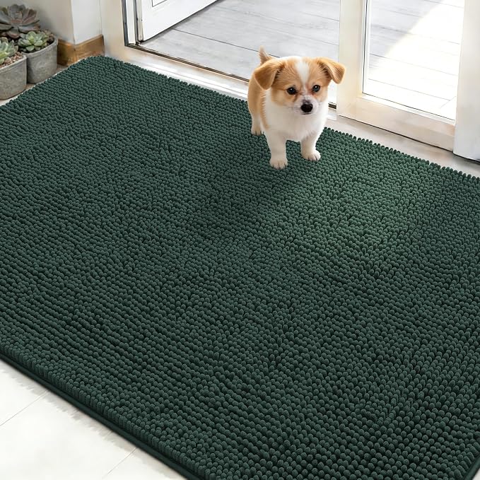 OLANLY Dog Door Mat for Muddy Paws 50x30, Super Absorbent Chenille Mud Mat | Blackish Green, Absorbs Moisture and Dirt, Non-Slip Machine Washable Doormat, Quick-Dry Indoor Entryway Floor Carpet for Dogs