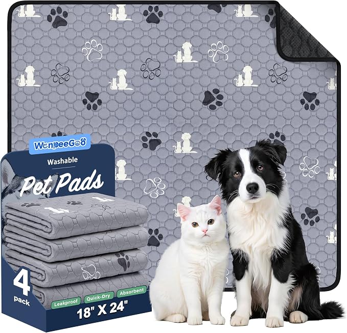 WanpeeGoo Washable Pee Pads for Dogs, Waterproof, 18 x 24 in, 4 Pack, Gray | Super Absorbent, Waterproof and Non-Slip; Washable, Reusable Dog Pads for Crates, Playpens, Floors, Furniture and Travel