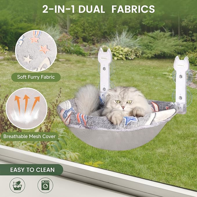 HiPetpy 1 Pack Cat Window Perch, Glow in The Dark Foldable Cat Hammock with Sunken Design & Removable Soft Cover, Breathable Cordless Window Bed for Resting Indoor Kitten (Grey Deep Perch, 1 Pack - M)