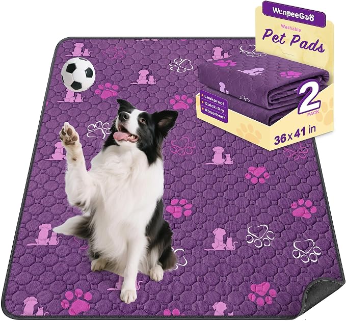 WanpeeGoo Washable Pee Pads for Dogs, Waterproof, 36 x 41 in, 2 Pack, Purp | Super Absorbent, Waterproof and Non-Slip; Washable, Reusable Dog Pads for Crates, Playpens, Floors, Furniture and Travel