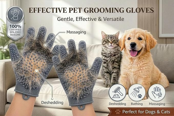 Pet Grooming Gloves for Cats & Dogs – Silicone Hair Removal Glove for Bathing, Shedding & Massage – Gentle Mitt for Long & Short Hair Pets with Drainage System