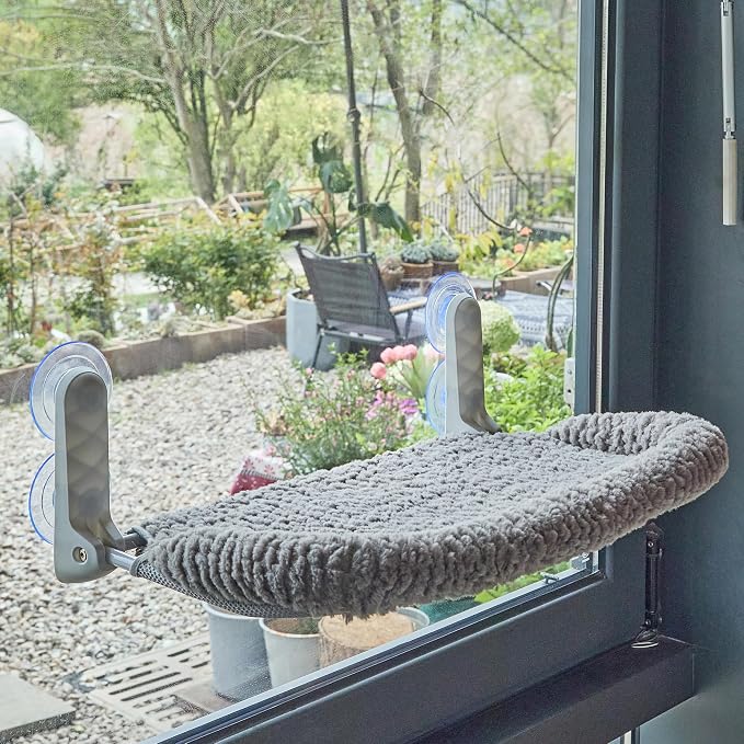 AIWIKIDE Cat Window Perch with Cushion Rim, Easy Install Bracket, Portable Wall Hammock for Indoor Cat, Grey