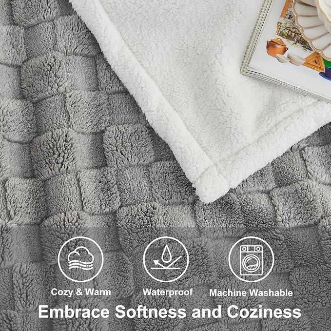 Checkered Waterproof Blanket for Bed Couch Sofa Car, Fluffy Soft Dog Blanket with 3D Jacquard Grid Pattern, Reversible Leakproof Pet Blankets for Dogs Cats Puppies, Grey, 50"x60"