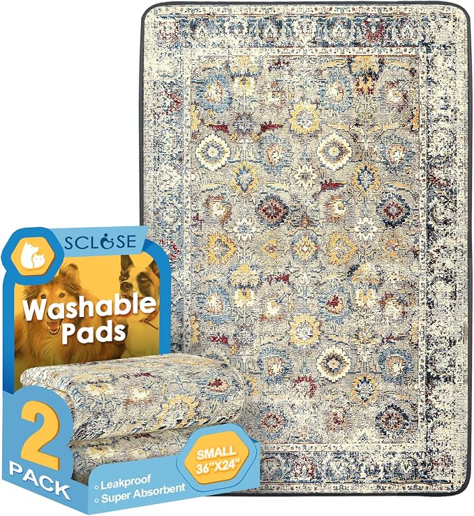 SCLOSE Washable Pee Pads for Dogs 2 Pack, 36" x 24" Reusable Puppy Pads Waterproof, Super Absorbent Dog Rugs, Leakproof, Dog Crate Pad, Playpen Mat, Whelping Pads, Vintage