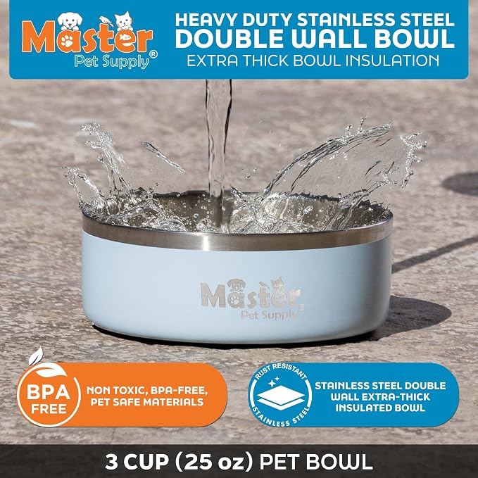 Master Pet Supply Stainless Steel Dog Bowls - 25 oz, Heavy Duty - Glacier Blue, Double Wall Extra-Thick Insulated, Non-Slip Pet Water Bowl for Dogs, Cats & Pets, Anti Rust Metal, Dish Washer Safe