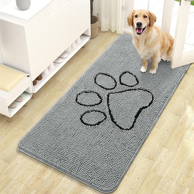OLANLY Dog Door Mat for Muddy Paws 47x24, Paw Print Design Chenille Mud Mat | Grey, Super Absorbent, Traps Moisture and Dirt, Non-Slip Washable Doormat, Quick-Drying Indoor Entryway Floor Carpet for Dogs