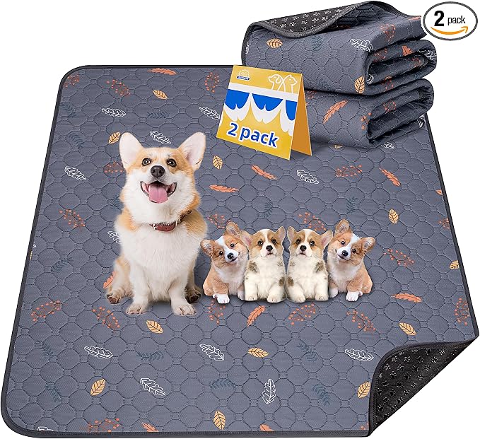 Sunheir Washable Pee Pads for Dogs 2-Pack Reusable Puppy Pads Pet Training Pads, Waterproof Dog Pee Pads for Crate, Whelping Pad, Non-Slip Protects Against Urine Leakage (Leaves - Deep Grey, 24x36)
