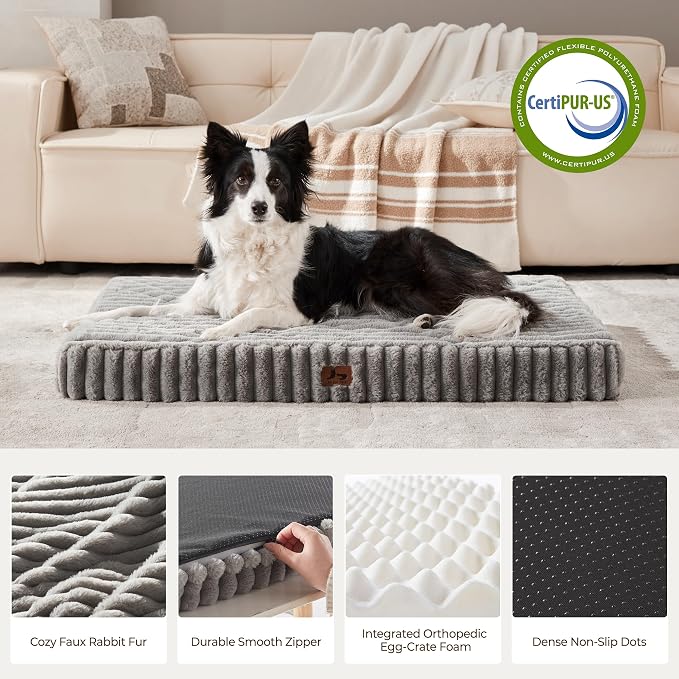 Dog Bed Medium Sized for Crate, Orthopedic Pet Pad for Dogs with Removable Washable Cover, Waterproof Dogs Beds Up to 40 lbs, Soft Plush Surface & Egg Foam for Calming, 30x20x3 Inch, Grey