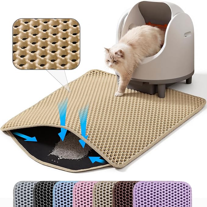 Cat Litter Mat, Double Layer Honeycomb Litter Box Mat | 24x18”, Efficient Litter Trapping, Easy to Clean, Waterproof, Non-Slip, Soft on Paws, Scratch Resistant, Beige, Large