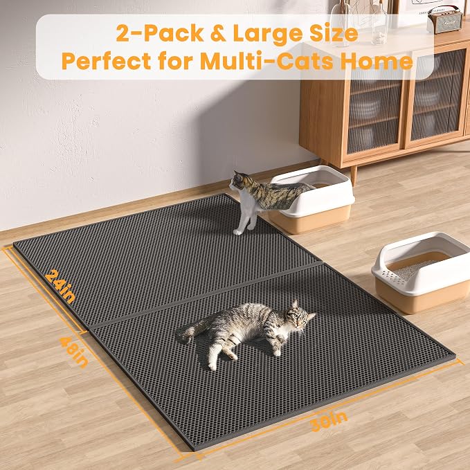 Pieviev Double Layer Cat Litter Mat Traps Scattered Litter 30''x24'' 2 Pack | Waterproof Urine Resistant Layer Litter Box Mat, Easy Collection, Soft on Kitty Paws, Black Color for Indoor Cats